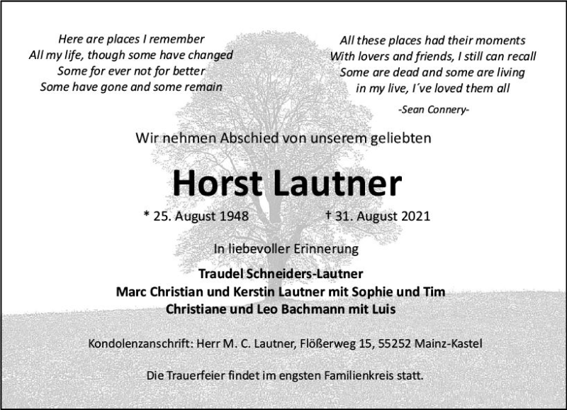  Traueranzeige für Horst Lautner vom 04.09.2021 aus vrm-trauer