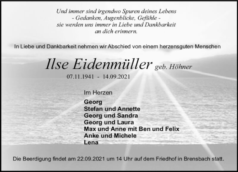 Traueranzeige für Ilse Eidenmüller vom 18.09.2021 aus vrm-trauer