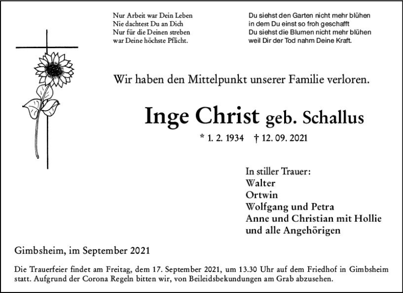  Traueranzeige für Inge Christ vom 15.09.2021 aus vrm-trauer