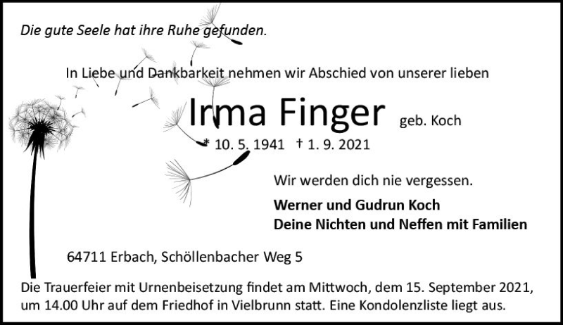  Traueranzeige für Irma Finger vom 11.09.2021 aus vrm-trauer