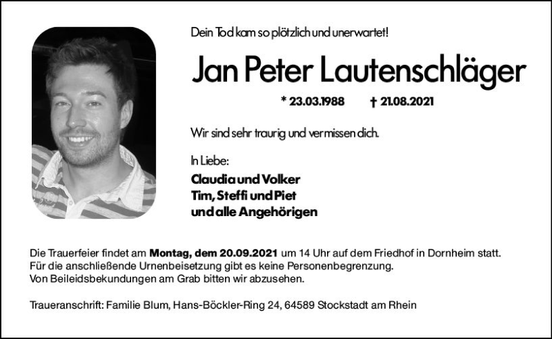  Traueranzeige für Jan Peter Lautenschläger vom 11.09.2021 aus vrm-trauer