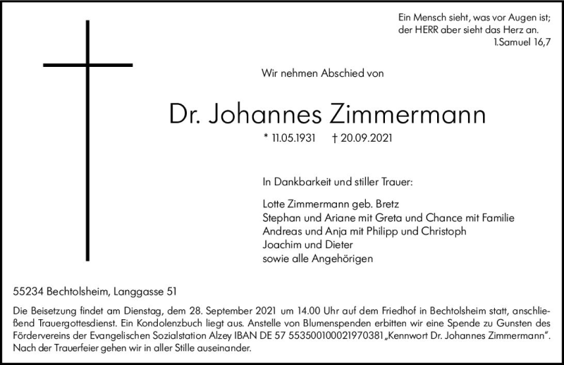  Traueranzeige für Johannes Zimmermann vom 25.09.2021 aus vrm-trauer