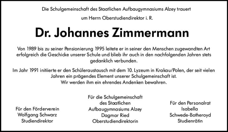  Traueranzeige für Johannes Zimmermann vom 28.09.2021 aus vrm-trauer