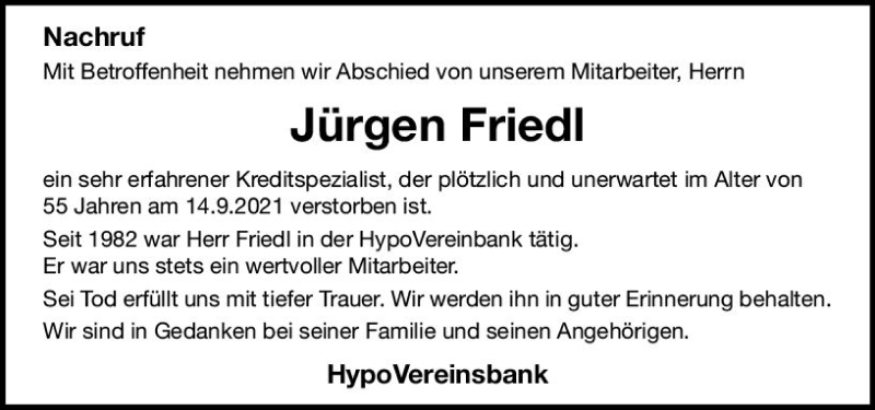  Traueranzeige für Jürgen Friedl vom 29.09.2021 aus vrm-trauer