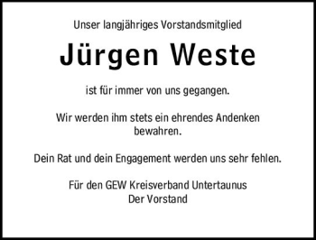 Traueranzeige von Jürgen Weste von vrm-trauer