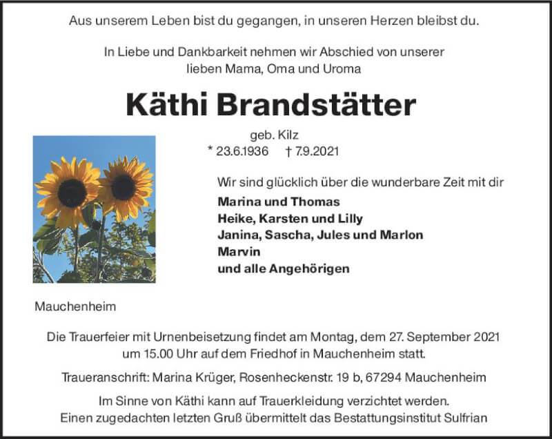  Traueranzeige für Käthi Brandstätter vom 18.09.2021 aus vrm-trauer