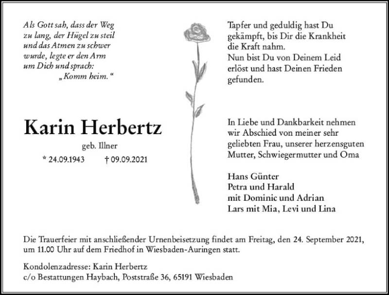  Traueranzeige für Karin Herbertz vom 18.09.2021 aus vrm-trauer
