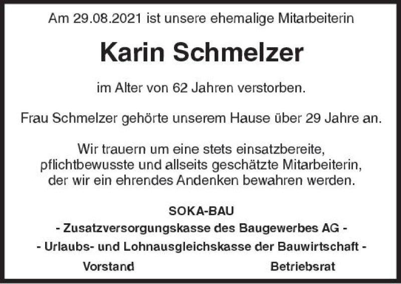  Traueranzeige für Karin Schmelzer vom 04.09.2021 aus vrm-trauer