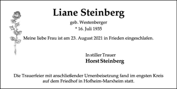 Traueranzeige von Liane Steinberg von vrm-trauer
