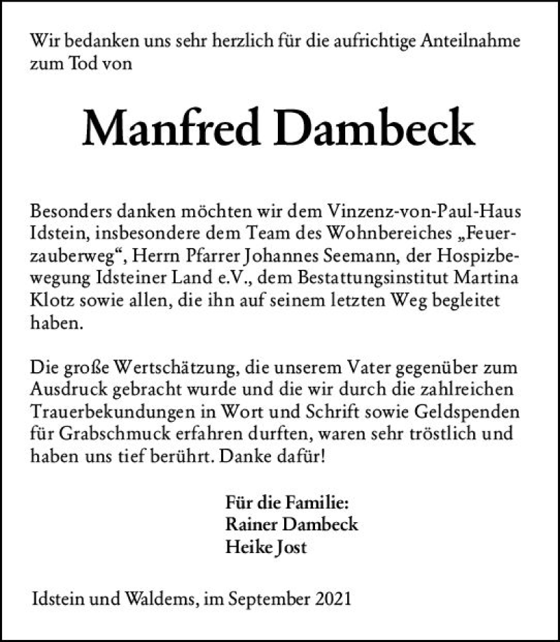  Traueranzeige für Manfred Dambeck vom 25.09.2021 aus vrm-trauer