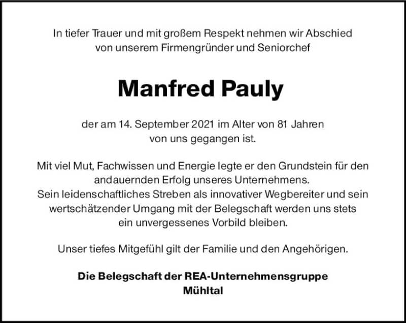  Traueranzeige für Manfred Pauly vom 18.09.2021 aus vrm-trauer