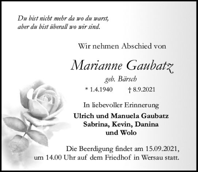  Traueranzeige für Marianne Gaubatz vom 11.09.2021 aus vrm-trauer