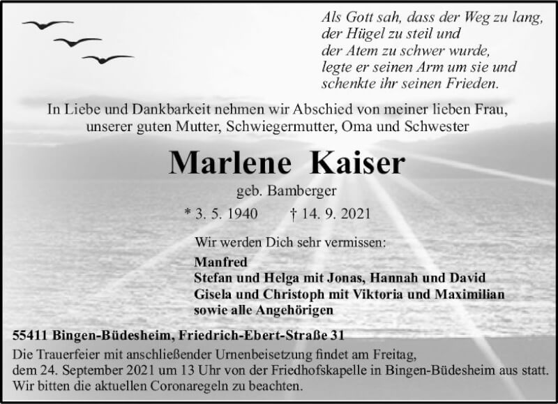  Traueranzeige für Marlene Kaiser vom 18.09.2021 aus vrm-trauer