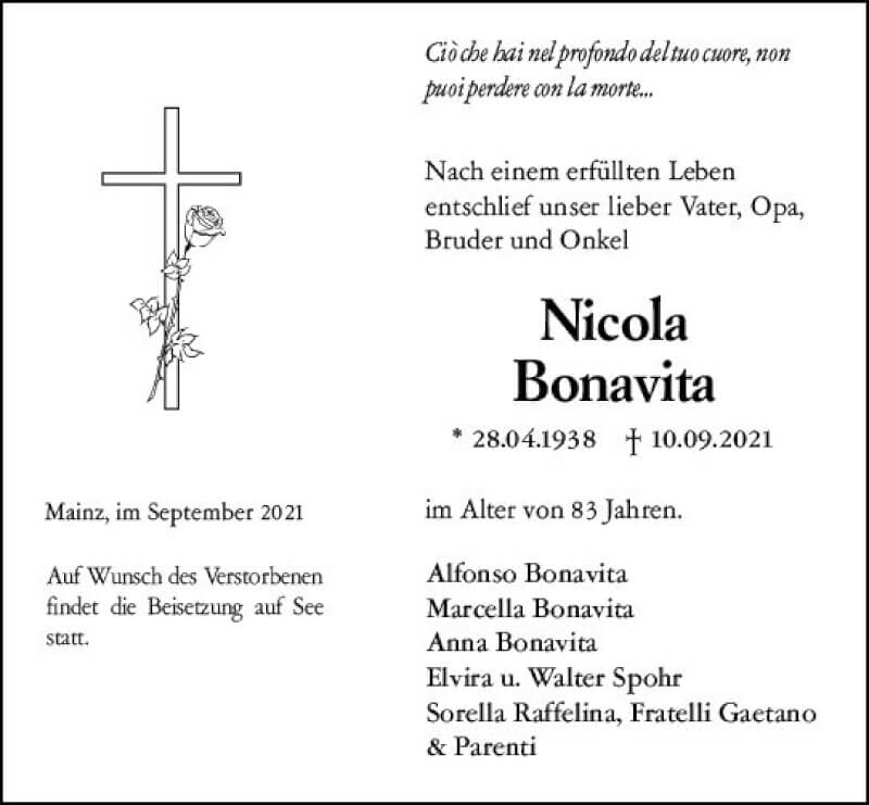  Traueranzeige für Nicola Bonavita vom 18.09.2021 aus vrm-trauer