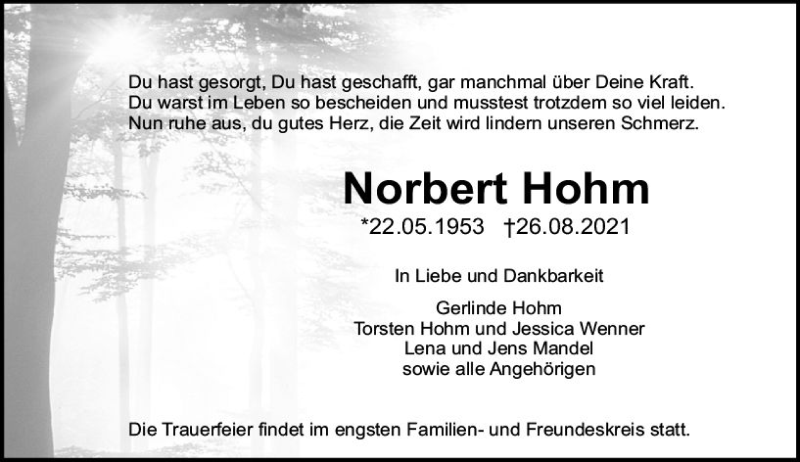  Traueranzeige für Norbert Hohm vom 04.09.2021 aus vrm-trauer