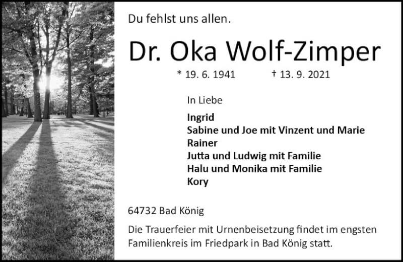  Traueranzeige für Oka Wolf-Zimper vom 18.09.2021 aus vrm-trauer