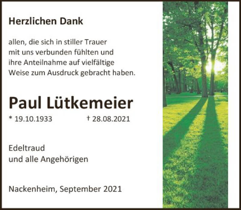  Traueranzeige für Paul Lütkemeier vom 18.09.2021 aus vrm-trauer