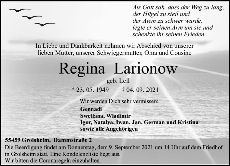  Traueranzeige für Regina Larionow vom 08.09.2021 aus vrm-trauer