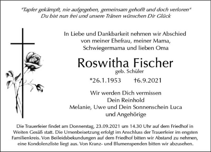 Traueranzeige für Roswitha Fischer vom 18.09.2021 aus vrm-trauer