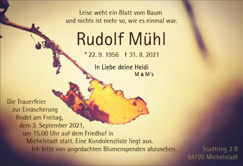  Traueranzeige für Rudolf Mühl vom 02.09.2021 aus vrm-trauer