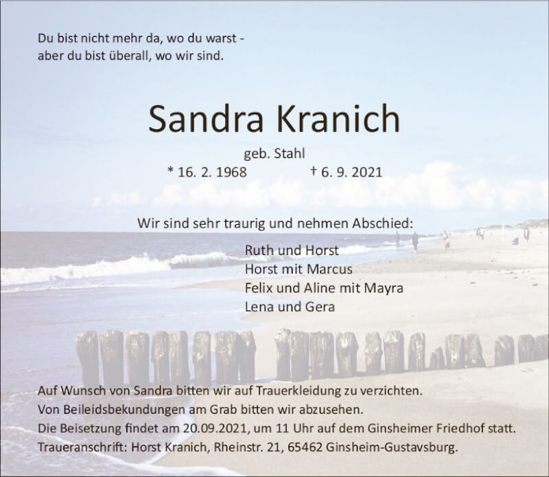  Traueranzeige für Sandra Kranich vom 18.09.2021 aus vrm-trauer