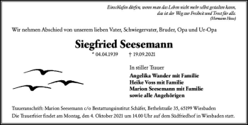 Traueranzeige von Siegfried Seesemann von vrm-trauer
