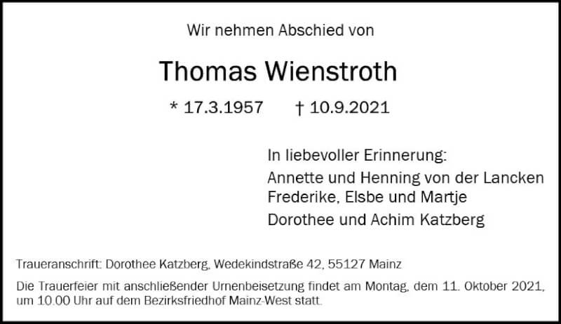  Traueranzeige für Thomas Wienstroth vom 18.09.2021 aus vrm-trauer
