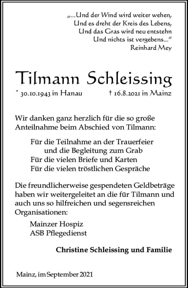 Traueranzeige für Tilmann Schleissing vom 25.09.2021 aus vrm-trauer