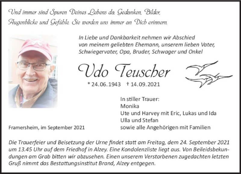  Traueranzeige für Udo Teuscher vom 18.09.2021 aus vrm-trauer
