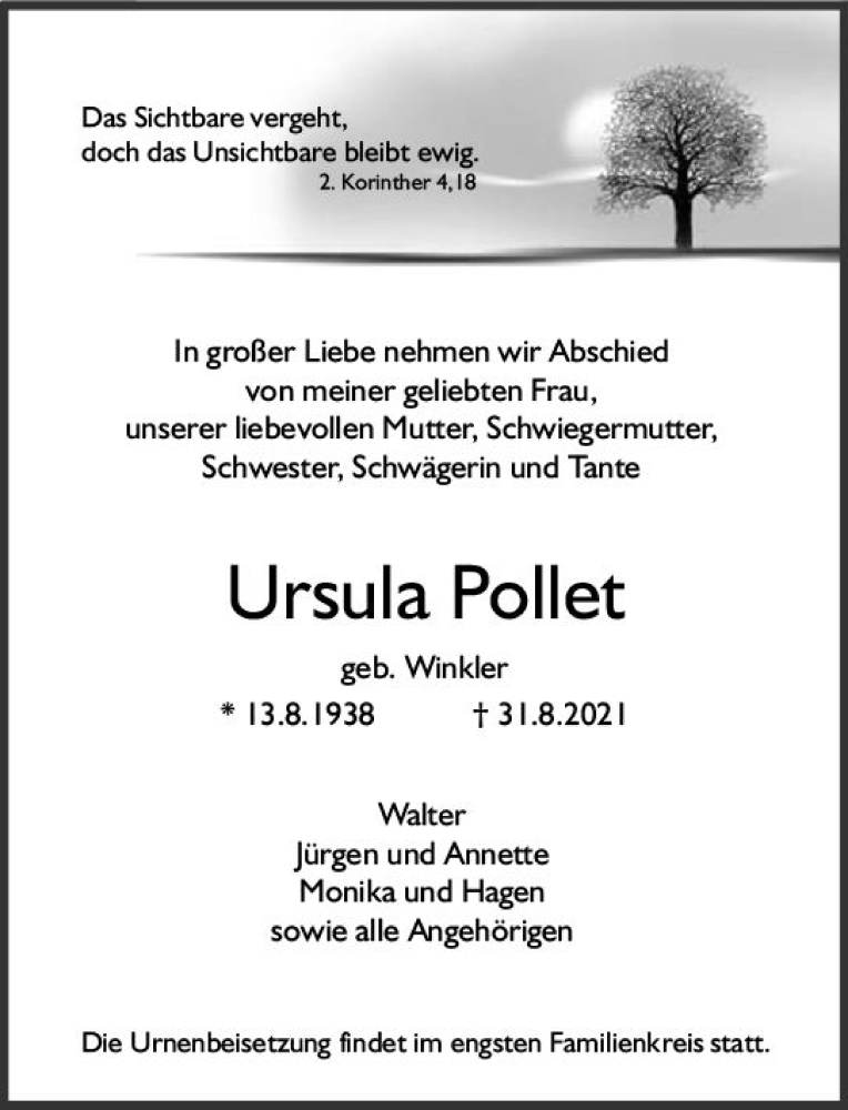 Traueranzeige für Ursula Pollet vom 11.09.2021 aus vrm-trauer