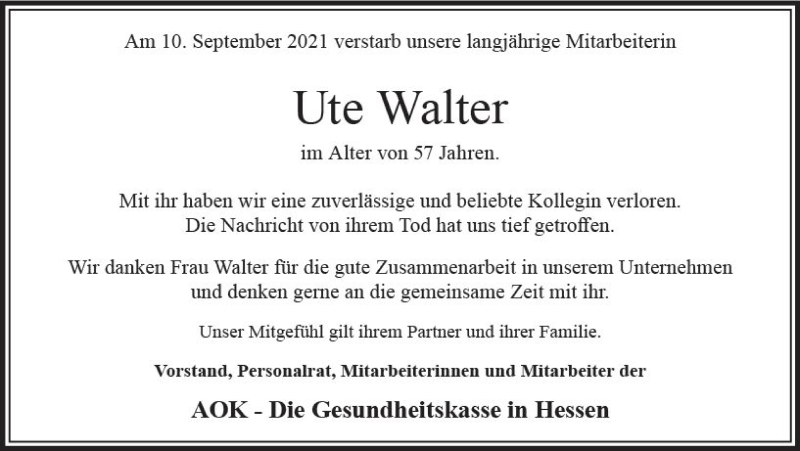  Traueranzeige für Ute Walter vom 22.09.2021 aus vrm-trauer