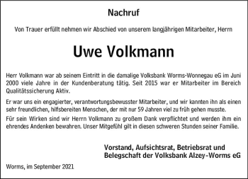 Traueranzeige von Uwe Volkmann von vrm-trauer