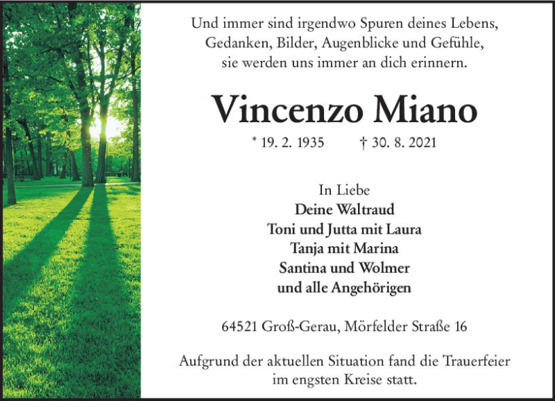  Traueranzeige für Vincenzo Miano vom 04.09.2021 aus vrm-trauer
