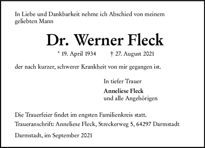  Traueranzeige für Werner Fleck vom 04.09.2021 aus vrm-trauer