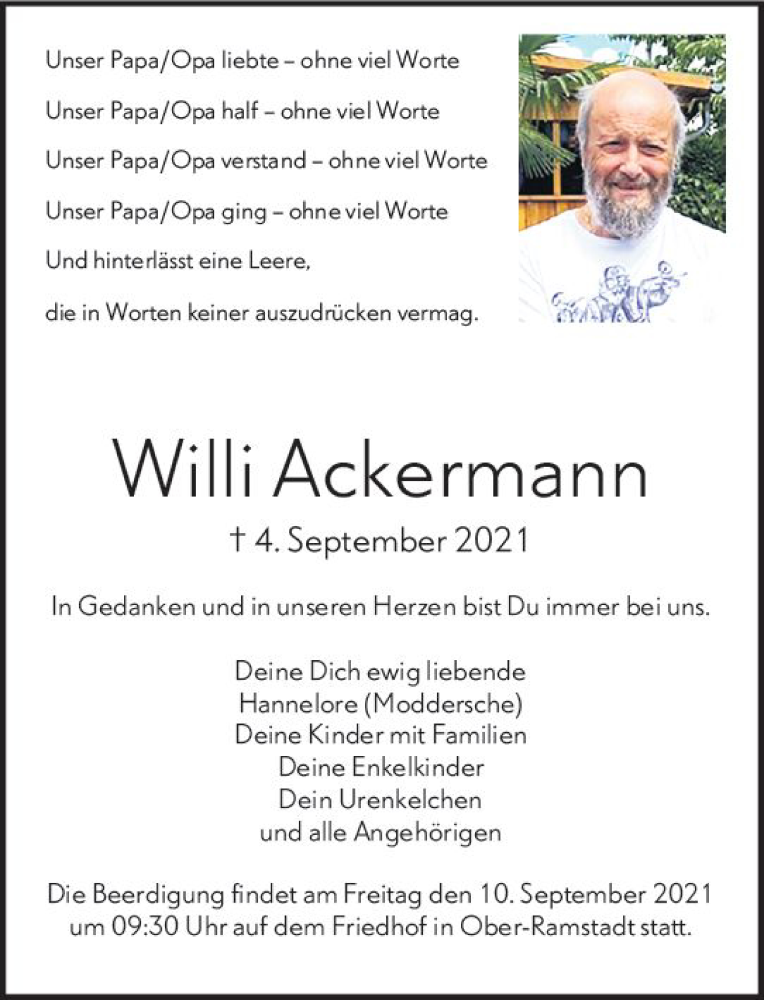  Traueranzeige für Willi Ackermann vom 08.09.2021 aus vrm-trauer