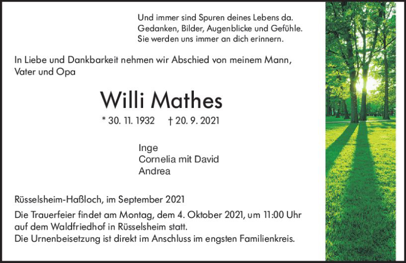  Traueranzeige für Willi Mathes vom 25.09.2021 aus vrm-trauer