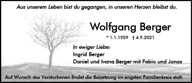  Traueranzeige für Wolfgang Berger vom 11.09.2021 aus vrm-trauer