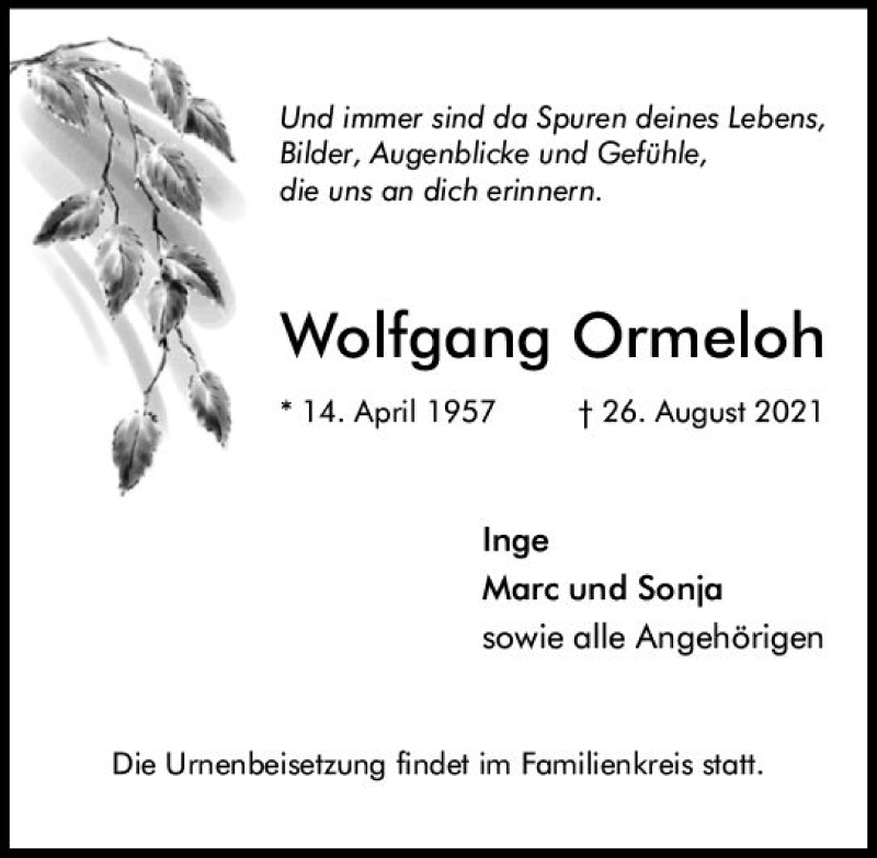  Traueranzeige für Wolfgang Ormeloh vom 04.09.2021 aus vrm-trauer
