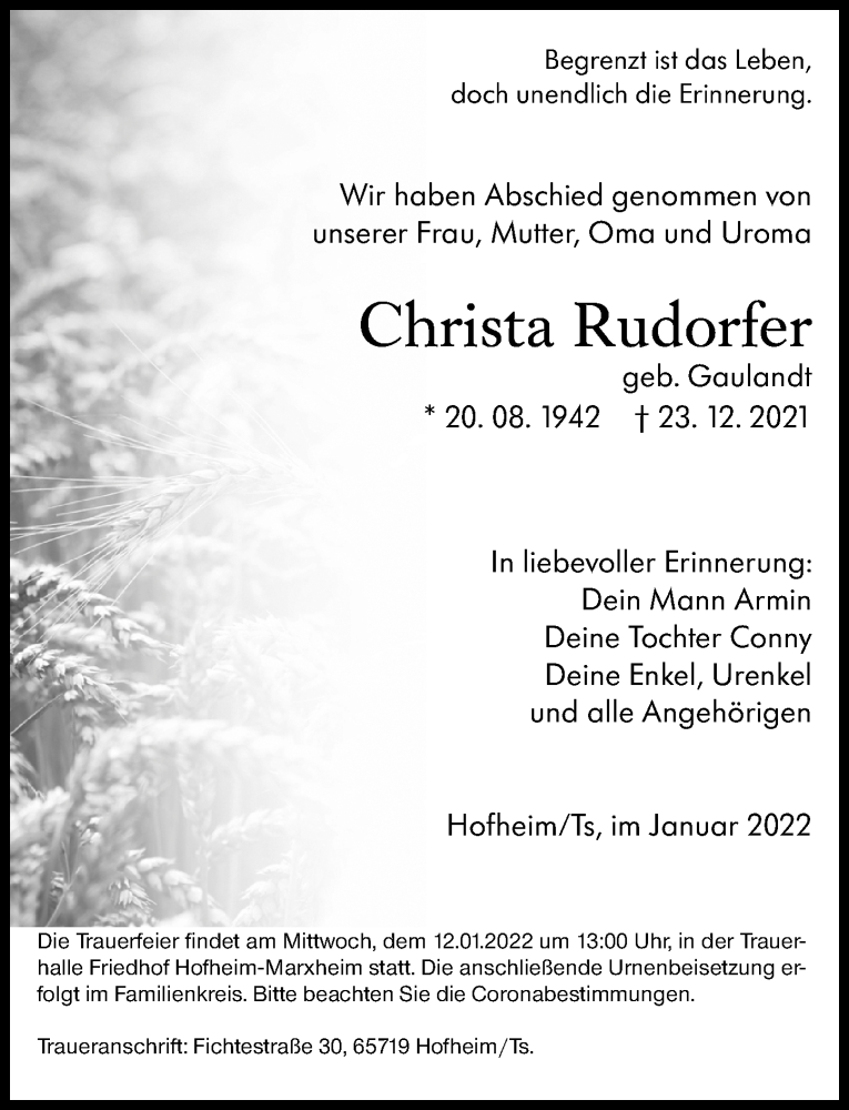  Traueranzeige für Christa Rudorfer vom 08.01.2022 aus 