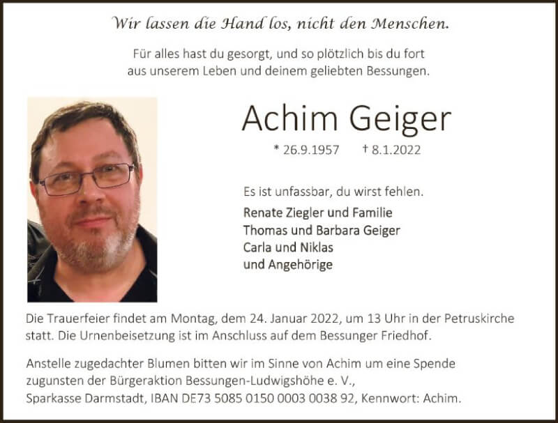  Traueranzeige für Achim Geiger vom 15.01.2022 aus vrm-trauer Darmstädter Echo
