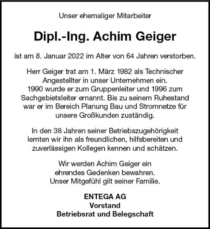  Traueranzeige für Achim Geiger vom 15.01.2022 aus vrm-trauer Odenwälder Echo
