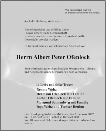Traueranzeige von Albert Peter Ofenloch von vrm-trauer Bürstädter/Lamperth. Ztg/Starkenburger