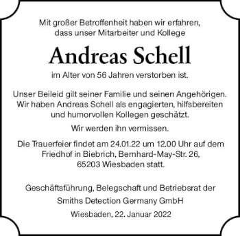Traueranzeige von Andreas Schell von vrm-trauer Wiesbadener Kurier