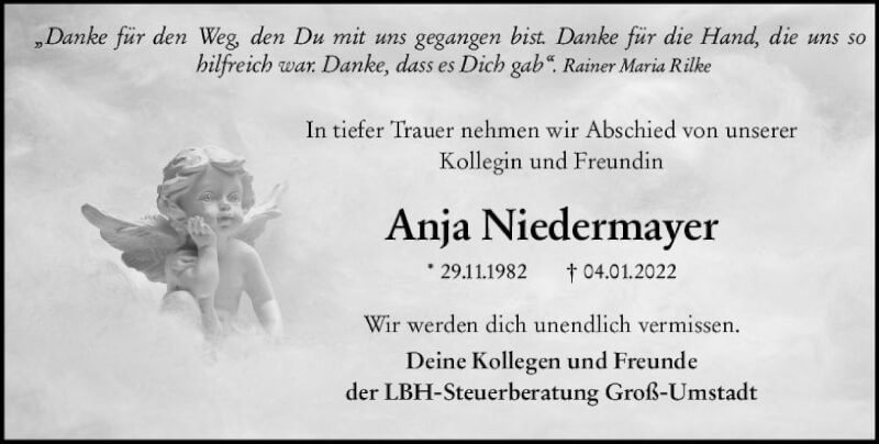  Traueranzeige für Anja Niedermayer vom 15.01.2022 aus vrm-trauer Darmstädter Echo