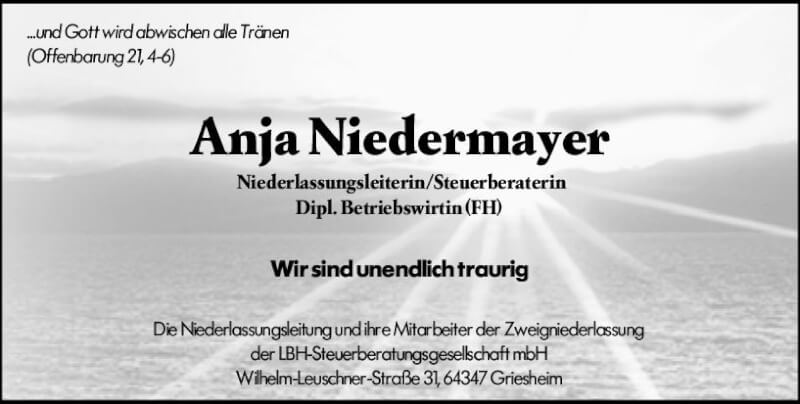  Traueranzeige für Anja Niedermayer vom 15.01.2022 aus vrm-trauer Darmstädter Echo
