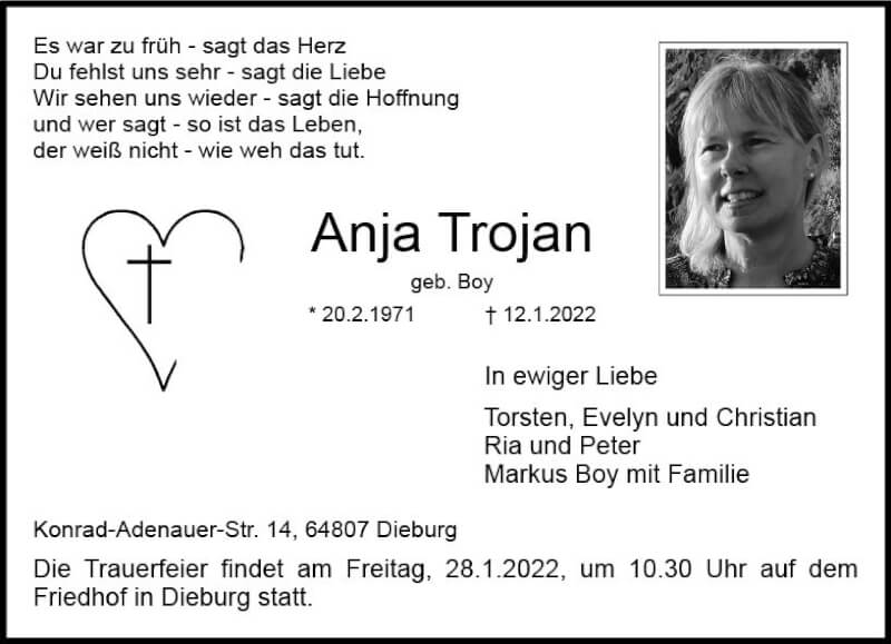  Traueranzeige für Anja Trojan vom 22.01.2022 aus vrm-trauer DieburgerAnzeiger/Groß-Zimmerner Lokala