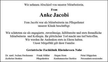 Traueranzeige von Anke Jacobi von vrm-trauer Allg. Zeitung Bad Kreuznach