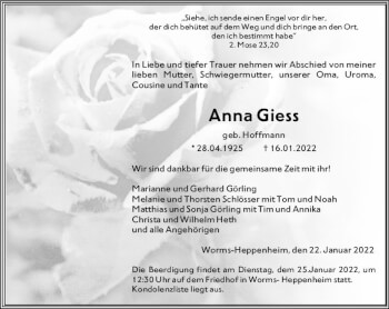 Traueranzeige von Anna Giess von vrm-trauer Wormser Zeitung
