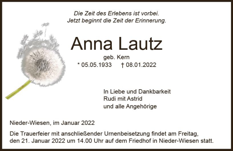  Traueranzeige für Anna Lautz vom 14.01.2022 aus vrm-trauer Allgemeine Zeitung Alzey