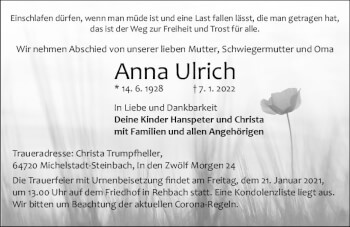 Traueranzeige von Anna Ulrich von vrm-trauer Odenwälder Echo